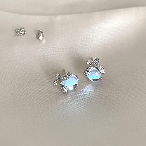 Carol&Allen 925 Sterling Silver Stud Earrings Firefly Inlaid Moonstone Cubic Zirconia Glittering Shiny2