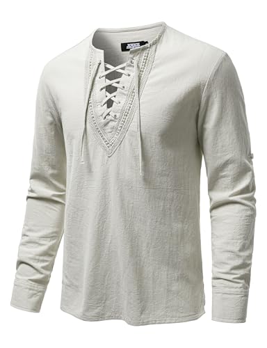 Image of JOGAL Mens Renaissance Shirt Medieval Pirate Viking Halloween Costume Gothic Steampunk Retro Long Sleeve Lace Up Shirts