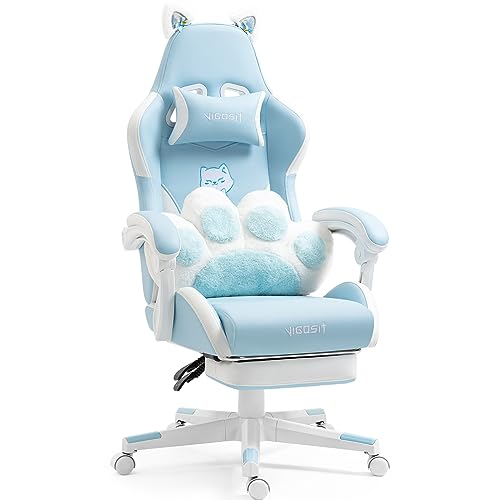 Image of Cute Cat Ears Gaming Chair with Paw Lumbar Cushion, High Back Computer Chair with Footrest, 360 Swivel Height Adjustable Recliner Game Chair for Girls, 300lbs (Blue)