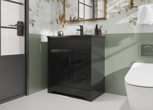 Image of eclife 30 inch Bathroom Vanities Sink Combo with Painted Surface, Modern Drawered Cabinet W /Decorative Wave Lines, Undermount Single Black Sink, Matte Black Faucet Drain, Black