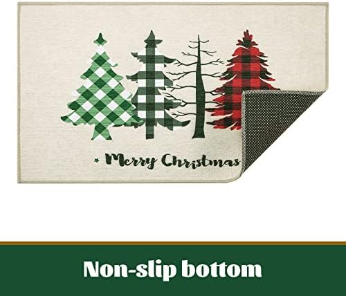 LinTimes Christmas Doormat, Welcome Mat Front Floor Mats, Non Slip Indoor Carpet Outdoor Shoes Scraper, Christmas Truck with Xmas Trees on Wooden Plank Red Plaid Rugs Doormats for Entryway 40x60cm