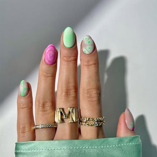 24Pcs Fake Nails Green Pink Gradient Press On Nails Short