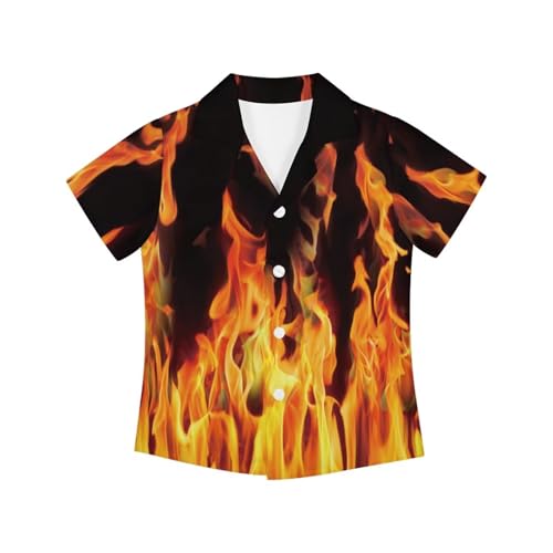 Yellow Fire Black Print Unique Printed Funky Hawaiian Shirt for Boy Short Sleeve Shirt Top Blouse for Summer Beach Travel