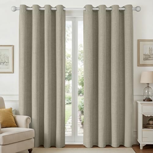 Joydeco Linen Curtains 96 Inch Long Blackout Curtains 2 Panels Set, Faux Linen 100% Black Out Curtains for Bedroom, Thermal Insulated Grommet Room Darkening Drapes for Living Room