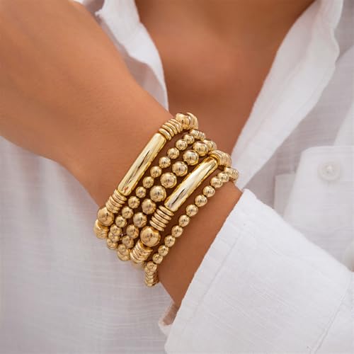 5Pcs Gold Bead Bracelets Set for Women,14K Gold Plated Stackable Bead Ball Bracelets Set,Adjustable Chunky Bangles Bracelets,Boho Stretch Bead Ball Bracelet for Women2