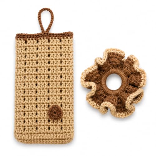 Image of Handmade Crochet Mobile Pouch for Women & Girls | Knitted Phone Holder with Wrist Strap | Cute Floral Aesthetic Mobile Cover Case | Soft Yarn Handmade Gift (lt Beige)