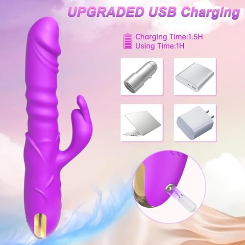 Image of Dildo Thrusting Rabbit Vibrator, G Spot Clitoral Vibrator Dildos Waterproof & Rechargeable Realistic Silicone Vibrator with 3 Thrusting & 10 Vibrating Modes, Rose Sex Toys for Women