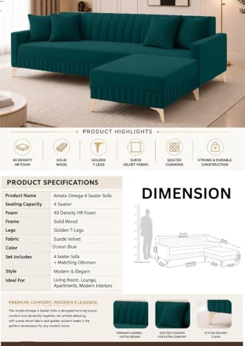 Image of AMATA Falcon 4 Seater L Shape Suede Velvet Fabric Oceanblue Colour Sofa Set with Two Cushions Perfect for Home Office Guests Living Room (Falcon Oceanblue, Falcon 4 Seater l Shape)(3 Year Warranty)