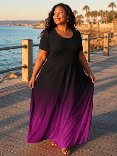 Image of PinkPatty Women's Plus Size Maxi Dresses Short Sleeve Sundress Summer T-Shirt Beach Long Dress with Pockets