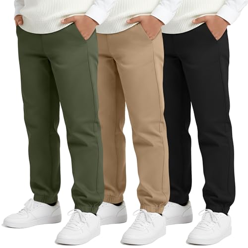 LessonZoo 3 Pack Boys Uniform Jogger Pants School Wear Elastic Waist Pull-on Stretchy Pants with Pockets for Kids 6-14 Years(Army Green, Khaki, Black,8-9 Years)