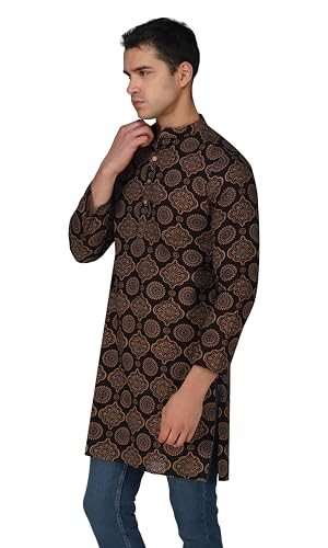Image of Vastraa Fusion Men's Printed Kurta Pure Cotton Long Kurta, Round Collar, Full Sleeves, Button Kurta, Ethnic Wear