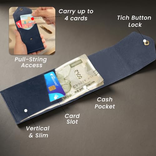 Image of The Wallet Store Flip 2.0 Genuine Leather Vertical Slim Wallet for Men | Pull-String Quick Card Access | Compact Front Cash Pocket & Button Lock | Minimalist Travel & Daily Carry Wallet (Blue)