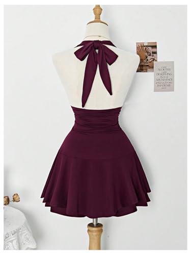 Women's Y2k Halter Dress Sexy Ruched Tie Backless Tiered Layer Mini Dresses Deep V Neck Club Party A Line Short Dress2