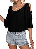 VISON IRIS Womens Cold Shoulder Tops Sexy Scoop Neck Ruffle 3/4 Sleeve Shirts Chiffon Blouses for Women Dressy Casual, Black X-Large