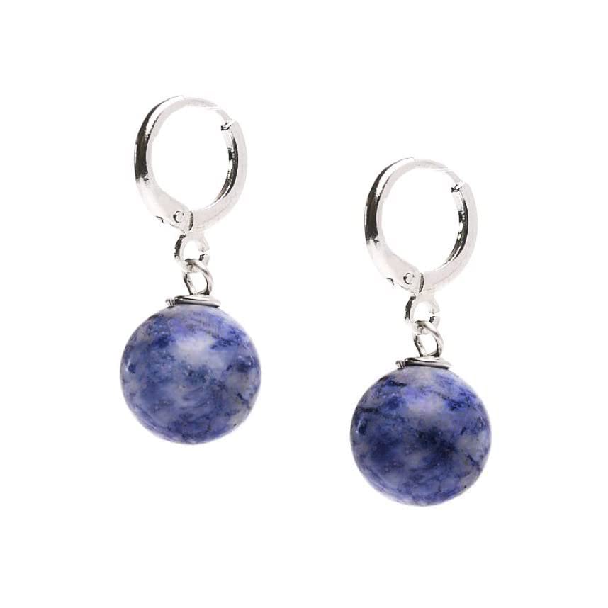Frauen handgemachte natürlichen Edelstein 12mm Runde Kugel Ohrringe - Edelstein Perlen 925 Silber Ohrringe (Blauer Fleck)