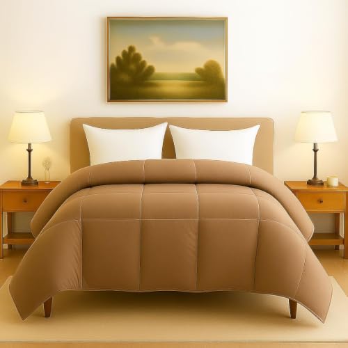Image of Heavy Winter Bed Comforter for Single Bed - 500 GSM Ultra Warm Quilt Blanket /Rajai - Taupe - Down Alternative Microfiber Duvet Insert with Corner Ties - Winter Season Premium