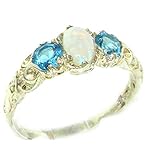 LetsBuyGold 925 Sterling Silver Natural Opal and Blue Topaz Womens Trilogy Ring - Size 10.75