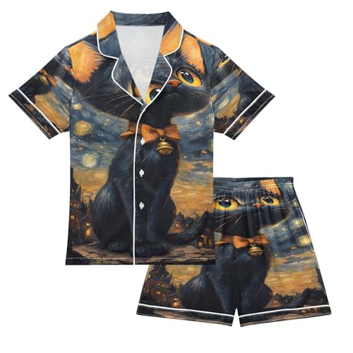 ALAZA Cat Sky Galaxy Nebula Van Gogh Satin Pajamas Set Short Sleeve Button Down Sleepwear Summer Pjs 2 Piece