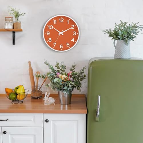 Image of Roymnie Wall Clock 10 Inch Silent Wall Clocks Battery Operated-Modern Non Ticking Analog Clock Decorative for Kitchen Bedroom Office Bathroom(Orange)