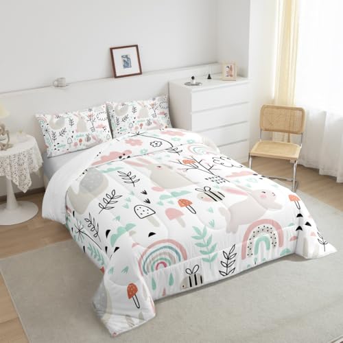 Image of Feelyou Cartoon Goose Bunny Comforter Set Full, Cute Rabbit Comforter Set Cartoon Rainbow Comforter Botanical Leaves and Flowers Duvet Set Lightweight Quilt Set