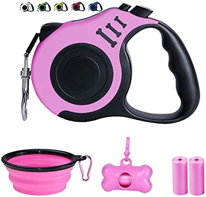 Dunhuang Retractable Dog Leash for X-Small/Small/Medium, 10ft (for Dogs Up to 22lbs), with 1 Free Portable Silicone Dog Bowl + 1 Waste Bag Dispenser + 3 Waste Bag (Pink)