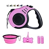 Dunhuang Retractable Dog Leash for X-Small/Small/Medium, 10ft (for Dogs Up to 22lbs), with 1 Free Portable Silicone Dog Bowl + 1 Waste Bag Dispenser + 3 Waste Bag (Pink)