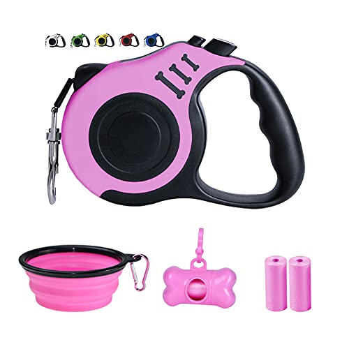 Dunhuang Retractable Dog Leash For X-Small/Small/Medium, 10Ft (For Dogs Up To 22Lbs), With 1 Free Portable Silicone Dog Bowl + 1 Waste Bag Dispenser + 3 Waste Bag (Pink) #TOP17
