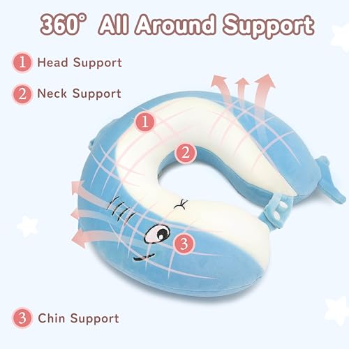 Image of Kids Travel Neck Pillow for Ages 3-8, Memory Foam, Removable Cover, Shark
