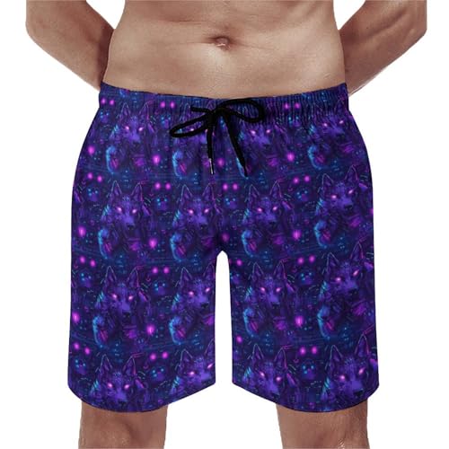 Hawaiian Shorts for Men - Comfy Neon Purple Wolf Print Mens Swim Trunks Bathing Suits with Mesh Lining