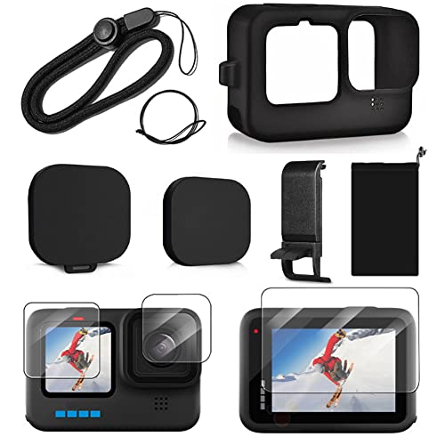 YHTSPORT Funda de Silicona para Gopro Hero 13/Hero 12/Hero 11/Hero 10/Hero 9 Black Accesorios con Protector de Pantalla, batería Puerta Lateral + Tapa de Lente de Silicona + Cordón