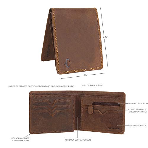 Men’s RFID Blocking Wallet - Classic Bifold Design - Zipper Coin Pocket - Genuine Hunter Leather (Brown)4