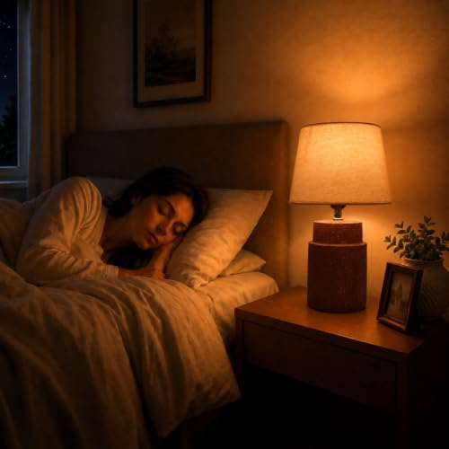Image of ELARE Modern Brown Table Lamp with Cotton Fabric Shade, Warm Ambient Light, Bulb Included, Wired Bedside Lamp for Bedroom, Living Room, Study & Office