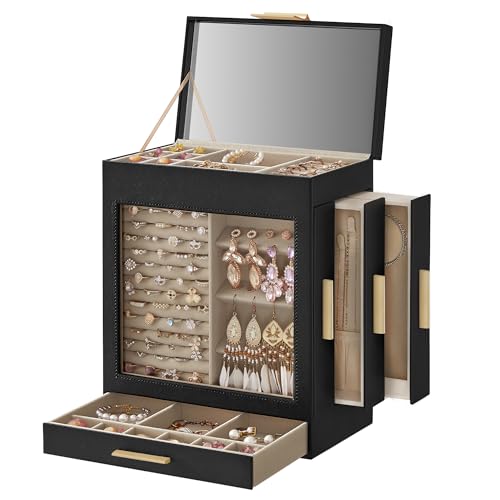 SONGMICS Jewelry Box with Glass Window, 5-Layer Jewelry Organizer with 3 Side Drawers, Jewelry Storage, with Big Mirror, Modern, 6.1 x 10.3 x 12.6 Inches, Ink Black and Metallic Gold UJBC162