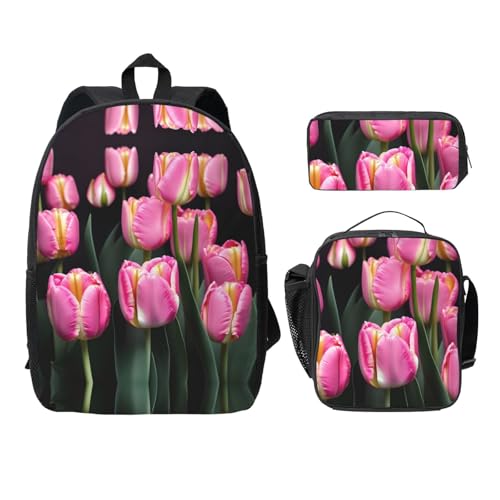 Sac à dos d'école léger avec boîte à déjeuner et trousse 3 pièces motif imprimé tulipe rose noir