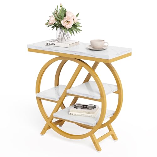 LITTLE TREE End Table, 4-Tier Narrow Faux Marble Side Table with Large Storage Space, Modern Nightstand and Bedside Table for Living Room, Home Office, Bedroom, White and Gold