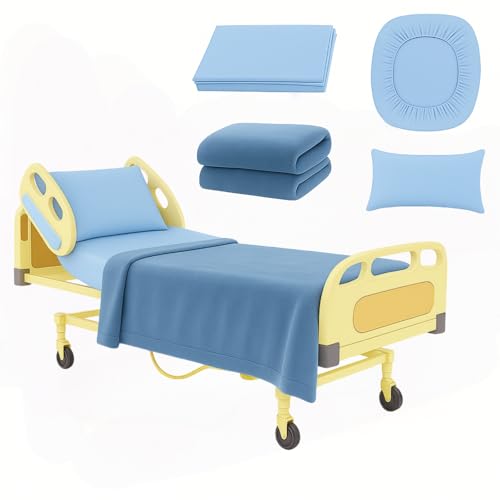 Image of Care Bed Sheets Set 4 Pcs - 36 inchx80 inch Fitted Sheet, Flat Sheet, Pillowcase & Blanket - Twin XL Hospital Style Sheets for Home or Adjustable Beds(Blue)