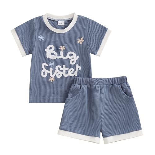 Amnnchya Toddler Baby Girl Clothes Floral Infant Summer Shirt Shorts Set Cute Big Sister Little Sister Matching Outfits (Blue Big Sister 2-3T)