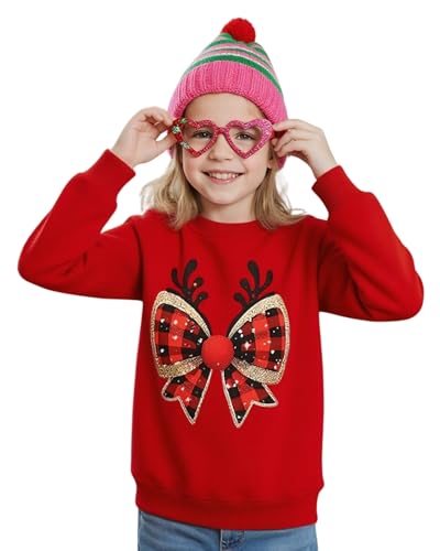 Image of Momkonzz Kids Christmas Jumper for Toddler Girls Xmas Sweatshirts Tween Shinny Bow Antler Print Pullover Top Cotton 3-12Y (Red 8-9T)