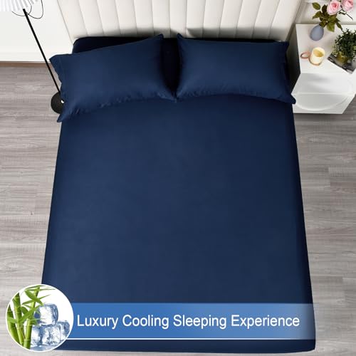 PHF 100% Rayon Derived from Bamboo Fitted Sheet Queen Size, 16" Deep Pocket,2.5cm Wider Strong Elastic Easy Fit, Breathable Silky Soft Skin-Friendly for Hot Sleeper, 60"x 80",Navy Blue, No Pillowcase