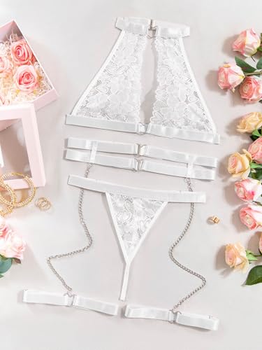 Image of Foxiny Sexy Halter Heart Ring Cutout Chain Floral Lace Sheer Garter Belt Lingerie Set 3 Piece