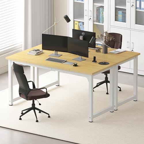 Image of NSdirect 63 inch Computer Desk,Large Home Office Desk Wide Workstation 1 inch Thicker Tabletop for Writing,Games and Home Work PC Desk Modern Finish Wood Board and Sturdy Steel Legs,Oak+White