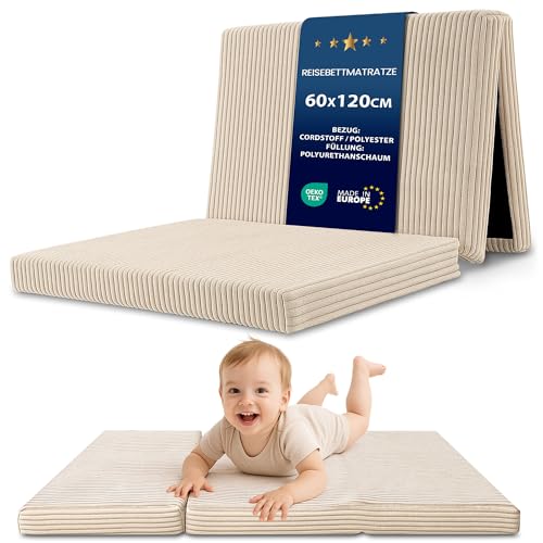 Klappmatratze Kinder Faltmatratze 60x120 cm - Faltbare Matratze Gästematratze Bodenmatratze Kinderzimmer klappbare Schlafmatratze Foldable Mattress Reisematratze faltbar Oeko-Tex 60 x 120 Beige