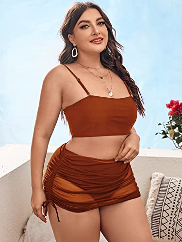 Romwe Women's Plus Size 3 Piece Bikini Set Solid Swimsuit Set With Cover Up Brown 1Xl #TOP3