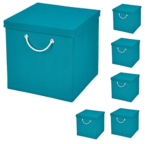 Stick&Shine 6er Set Türkis Faltbox 30 x 30 x 30 cm Aufbewahrungsbox faltbar mit Kordel und mit Deckel