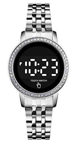 findtime Damenuhr Silber Uhr Damen Rund Klassisch Digital Quarz Uhren Edelstahl Mädchen Wasserdicht Hintergrundbeleuchtung Armbanduhren für Damenuhren