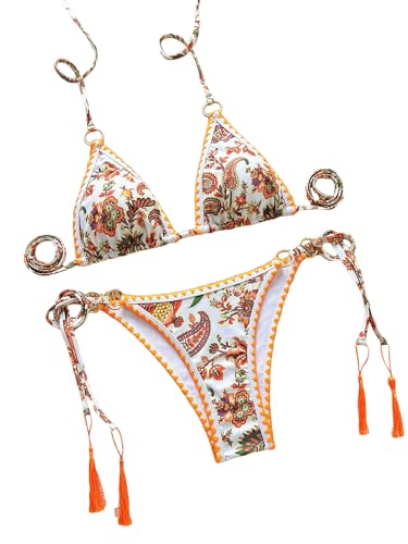 BYFINECANY Traje de baño con estampado floral para mujer, conjunto de bikini de verano con estampado halter y cachemira, Dark Orange, M
