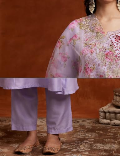 Image of Amazon Brand - Myx Women's Kurta Pant Set with Embroidered Organza Dupatta | A-line fit (Available in Plus Sizes)