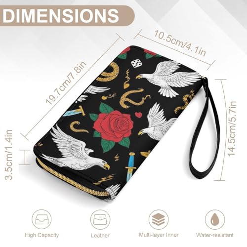 Women's Cute Decor Long PU Zipper Wallet, Travel Purse Fashion Design, Huge Storage Capacity Purse With Rope Cool Rock Wild Eagle Red Rose Skull Floral2