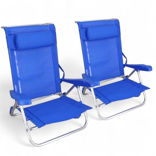 Pincho Silla Playa Plegable Ligera, Reclinable Azul con Cojin, Estructura Aluminio Resistente y Ligera, Asiento Bajo Comodo, Diseno Plegable con Reposabrazos – Ideal Verano y Jardin (2)