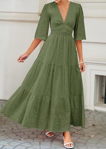 Lazysmile Long Sleeve Dresses for Women V Neck Hollow Out Eyelet Ruffle Swing A-Line Fall Vacation Boho Maxi Dress Army Green — view 2